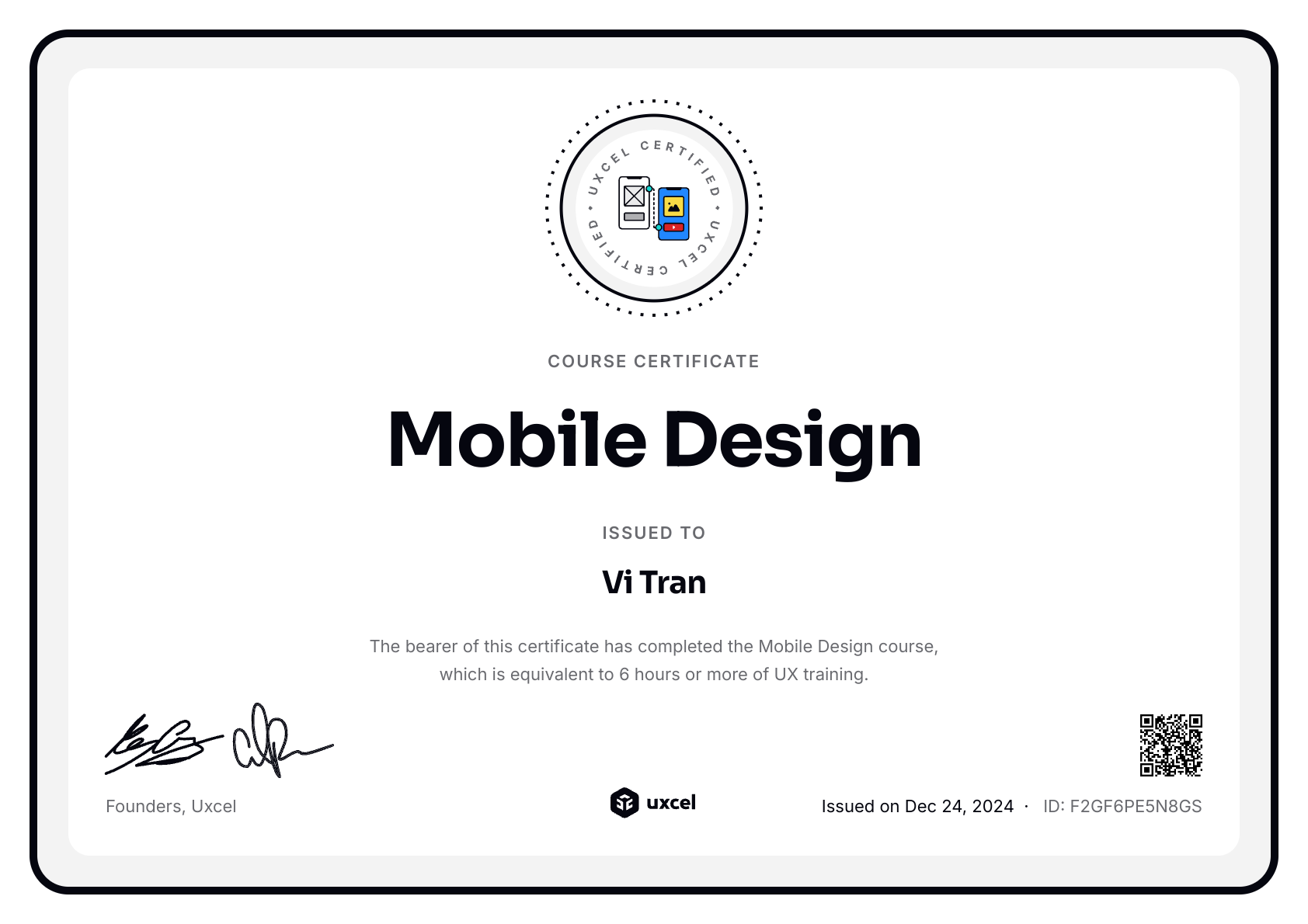 Vi Tran's certificate